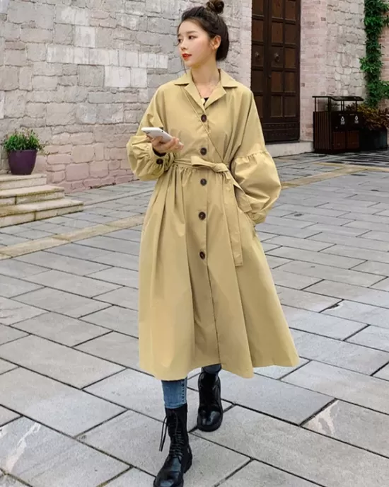 Casual Lose Tied Buttoned High-Waist Notched Collar Long Bishop Sleeves Trench Coat