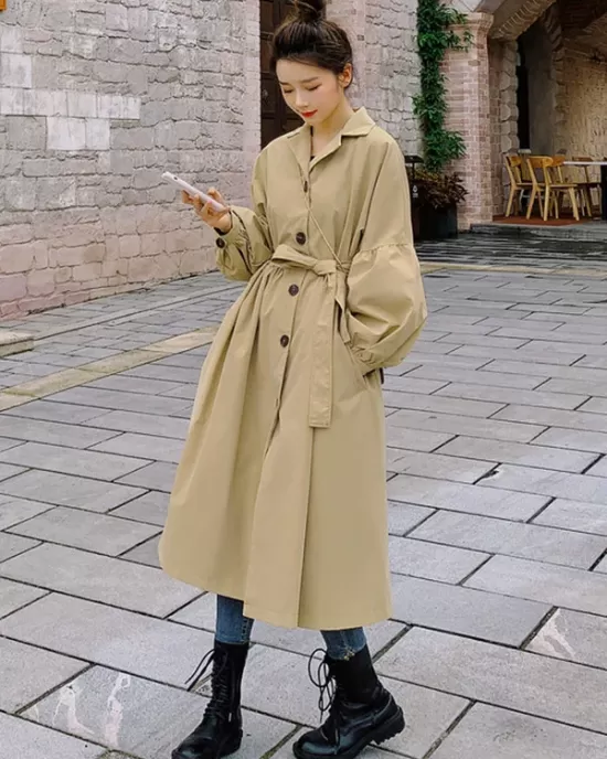 Casual Lose Tied Buttoned High-Waist Notched Collar Long Bishop Sleeves Trench Coat