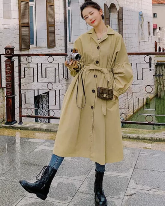 Casual Lose Tied Buttoned High-Waist Notched Collar Long Bishop Sleeves Trench Coat