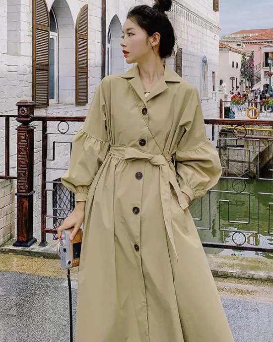 Casual Lose Tied Buttoned High-Waist Notched Collar Long Bishop Sleeves Trench Coat