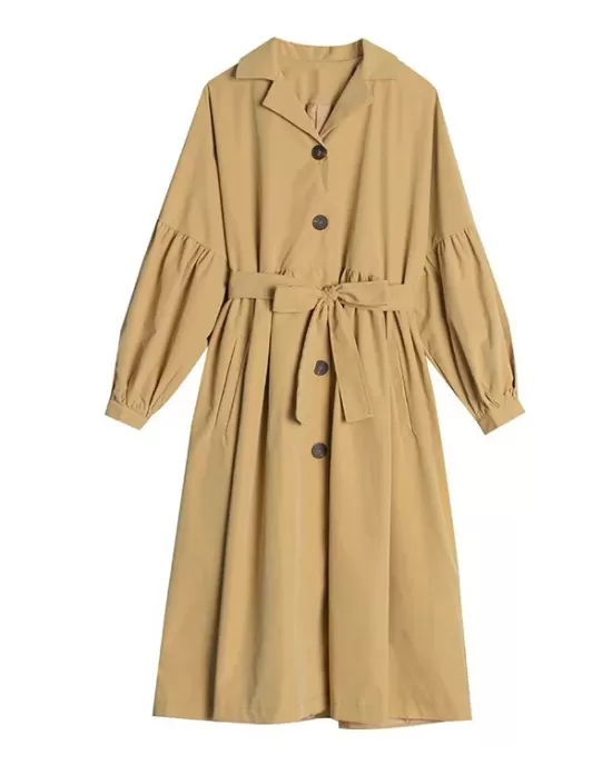 Casual Lose Tied Buttoned High-Waist Notched Collar Long Bishop Sleeves Trench Coat