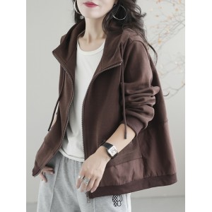 Artistic Retro Loose Long Sleeves Solid Color Zipper Hooded Outerwear