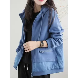 Artistic Retro Loose Long Sleeves Solid Color Zipper Hooded Outerwear