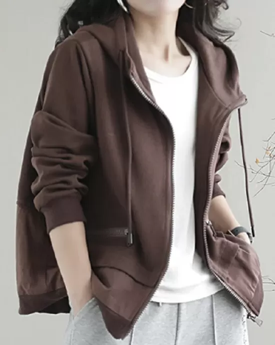 Artistic Retro Loose Long Sleeves Solid Color Zipper Hooded Outerwear