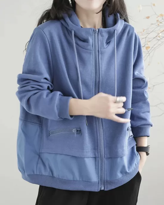 Artistic Retro Loose Long Sleeves Solid Color Zipper Hooded Outerwear