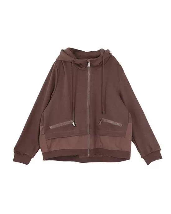 Artistic Retro Loose Long Sleeves Solid Color Zipper Hooded Outerwear