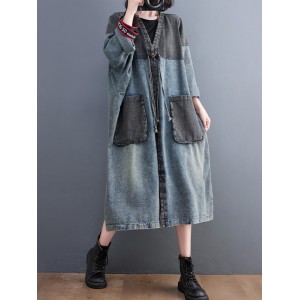 Artistic Retro Denim Long Sleeves Loose Tied Split-Joint Trench Outerwear