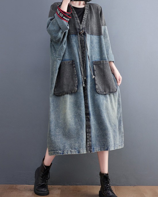 Artistic Retro Denim Long Sleeves Loose Tied Split-Joint Trench Outerwear