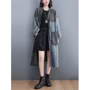 Artistic Retro Denim Long Sleeves Loose Tied Split-Joint Trench Outerwear