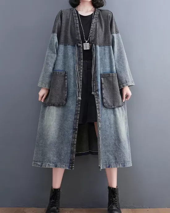 Artistic Retro Denim Long Sleeves Loose Tied Split-Joint Trench Outerwear