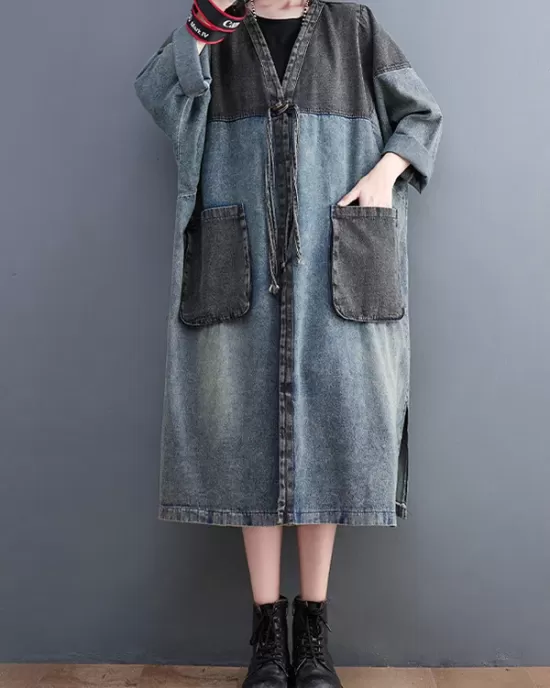 Artistic Retro Denim Long Sleeves Loose Tied Split-Joint Trench Outerwear