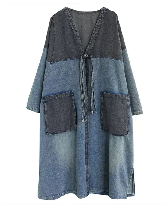 Artistic Retro Denim Long Sleeves Loose Tied Split-Joint Trench Outerwear