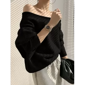 Casual Loose Long Sleeves Solid Color Off-The-Shoulder Sweater Tops