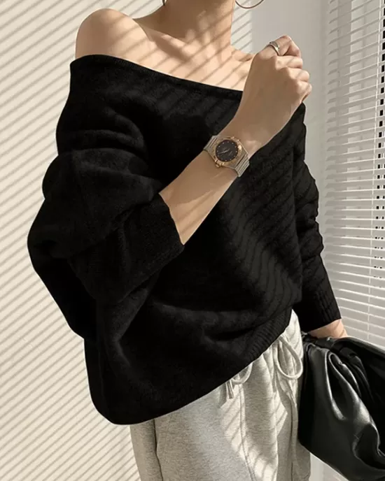 Casual Loose Long Sleeves Solid Color Off-The-Shoulder Sweater Tops