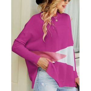 Contrast Color Batwing Sleeves Long Sleeves Round-Neck Sweater Tops Pullovers Knitwear