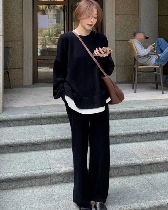 Casual Loose Solid Color Round-Neck Sweater Tops & Wide Leg Pants Suits