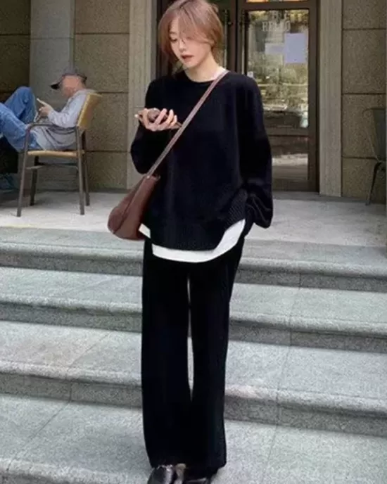 Casual Loose Solid Color Round-Neck Sweater Tops & Wide Leg Pants Suits