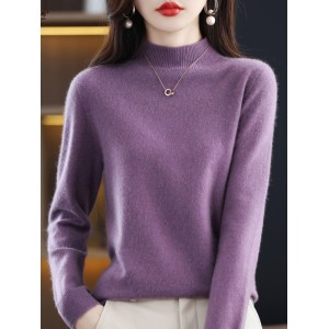 Office Long Sleeves Solid Color High-Neck Sweater Tops Pullovers