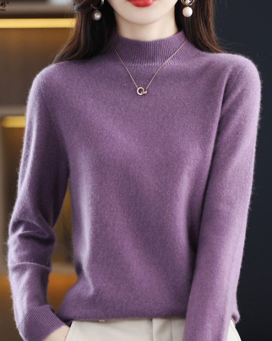 Office Long Sleeves Solid Color High-Neck Sweater Tops Pullovers