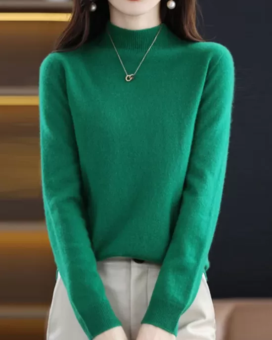 Office Long Sleeves Solid Color High-Neck Sweater Tops Pullovers