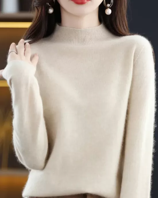 Office Long Sleeves Solid Color High-Neck Sweater Tops Pullovers