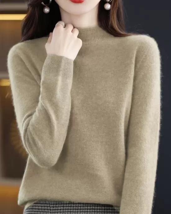 Office Long Sleeves Solid Color High-Neck Sweater Tops Pullovers