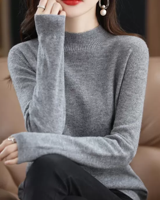 Office Long Sleeves Solid Color High-Neck Sweater Tops Pullovers