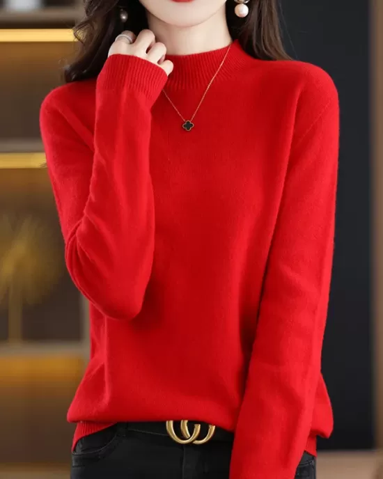 Office Long Sleeves Solid Color High-Neck Sweater Tops Pullovers