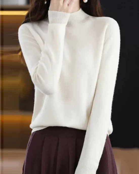 Office Long Sleeves Solid Color High-Neck Sweater Tops Pullovers