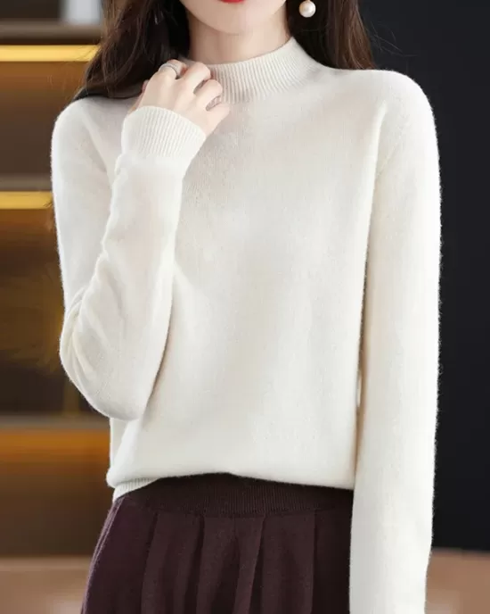 Office Long Sleeves Solid Color High-Neck Sweater Tops Pullovers