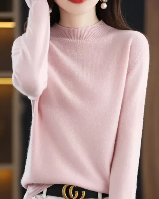 Office Long Sleeves Solid Color High-Neck Sweater Tops Pullovers