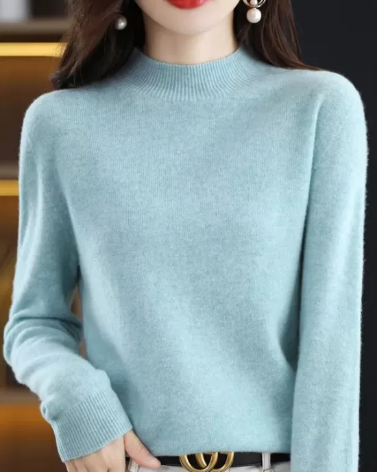 Office Long Sleeves Solid Color High-Neck Sweater Tops Pullovers