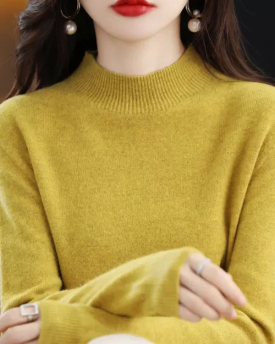 Office Long Sleeves Solid Color High-Neck Sweater Tops Pullovers