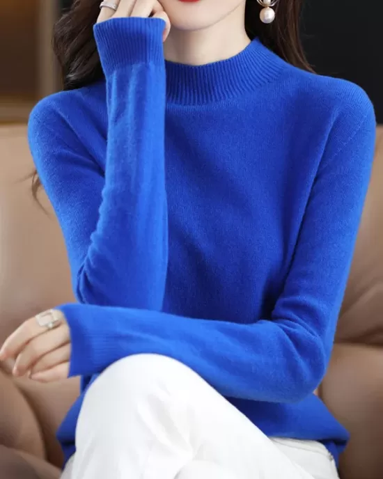 Office Long Sleeves Solid Color High-Neck Sweater Tops Pullovers