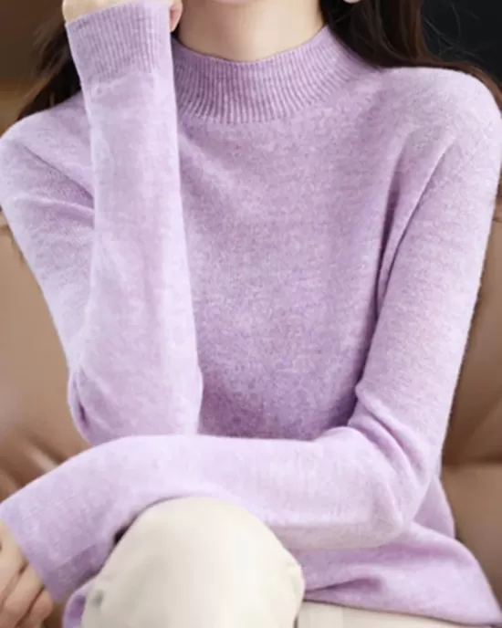 Office Long Sleeves Solid Color High-Neck Sweater Tops Pullovers