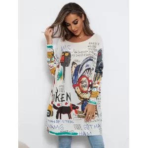 Cartoon Printed Contrast Color Long Sleeves Loose Round-neck Sweater Tops