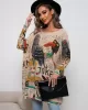 Cartoon Printed Contrast Color Long Sleeves Loose Round-neck Sweater Tops