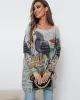 Cartoon Printed Contrast Color Long Sleeves Loose Round-neck Sweater Tops