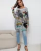 Cartoon Printed Contrast Color Long Sleeves Loose Round-neck Sweater Tops