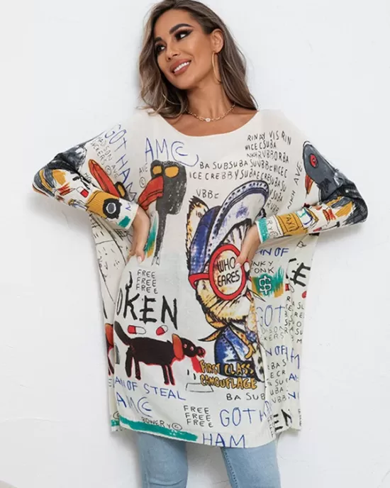 Cartoon Printed Contrast Color Long Sleeves Loose Round-neck Sweater Tops