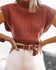 Casual Cap Sleeve Solid Color High-Neck Sweater Tops Pullovers