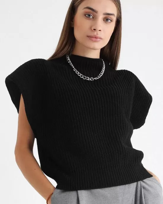 Casual Cap Sleeve Solid Color High-Neck Sweater Tops Pullovers