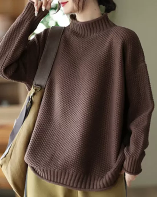 Vintage Long Sleeves Loose Solid Color High-Neck Sweater Tops