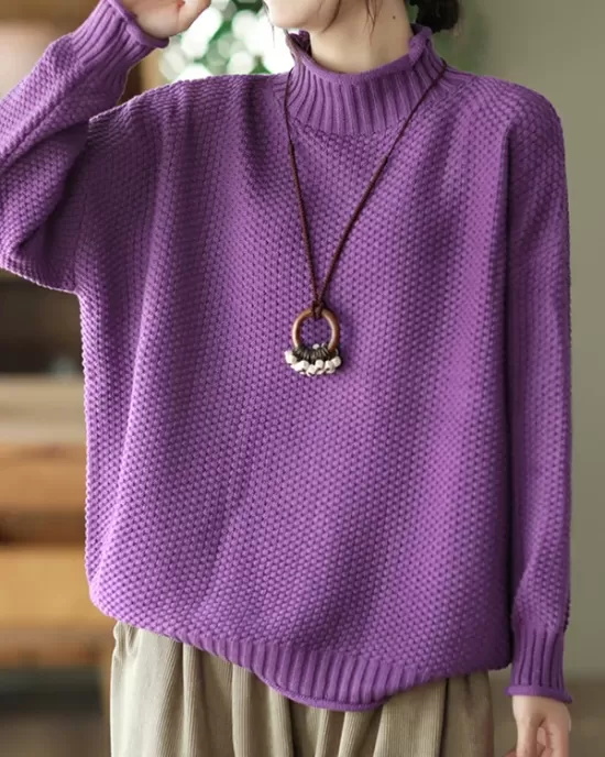 Vintage Long Sleeves Loose Solid Color High-Neck Sweater Tops