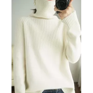 Casual Long Sleeves Loose Solid Color High-Neck Sweater Tops