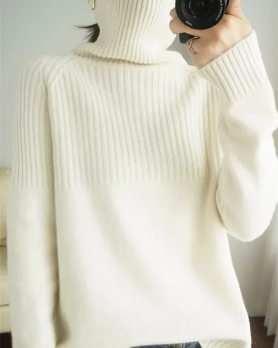 Casual Long Sleeves Loose Solid Color High-Neck Sweater Tops