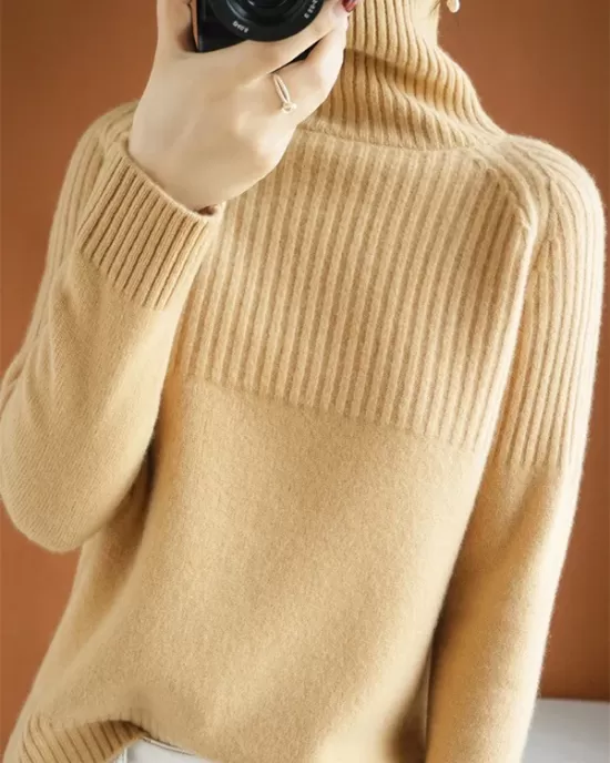 Casual Long Sleeves Loose Solid Color High-Neck Sweater Tops