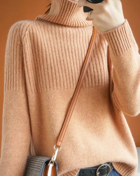 Casual Long Sleeves Loose Solid Color High-Neck Sweater Tops