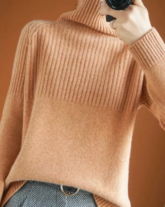 Casual Long Sleeves Loose Solid Color High-Neck Sweater Tops