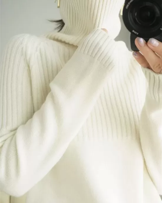 Casual Long Sleeves Loose Solid Color High-Neck Sweater Tops